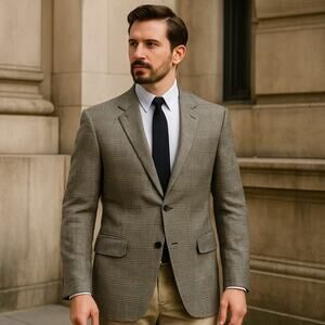 Lauren Ralph Lauren Men’s 38R Grey Plaid Blazer Wool Jacket Gold Accent